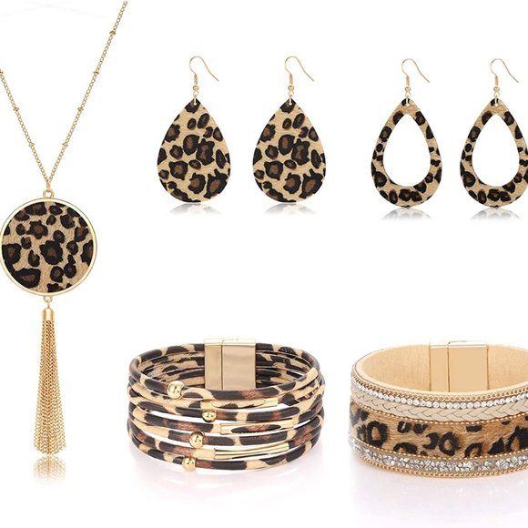 Jewelry - New Statement Leopard Jewelry Set For Women Multi Leopard Leather Wrap Bracelet